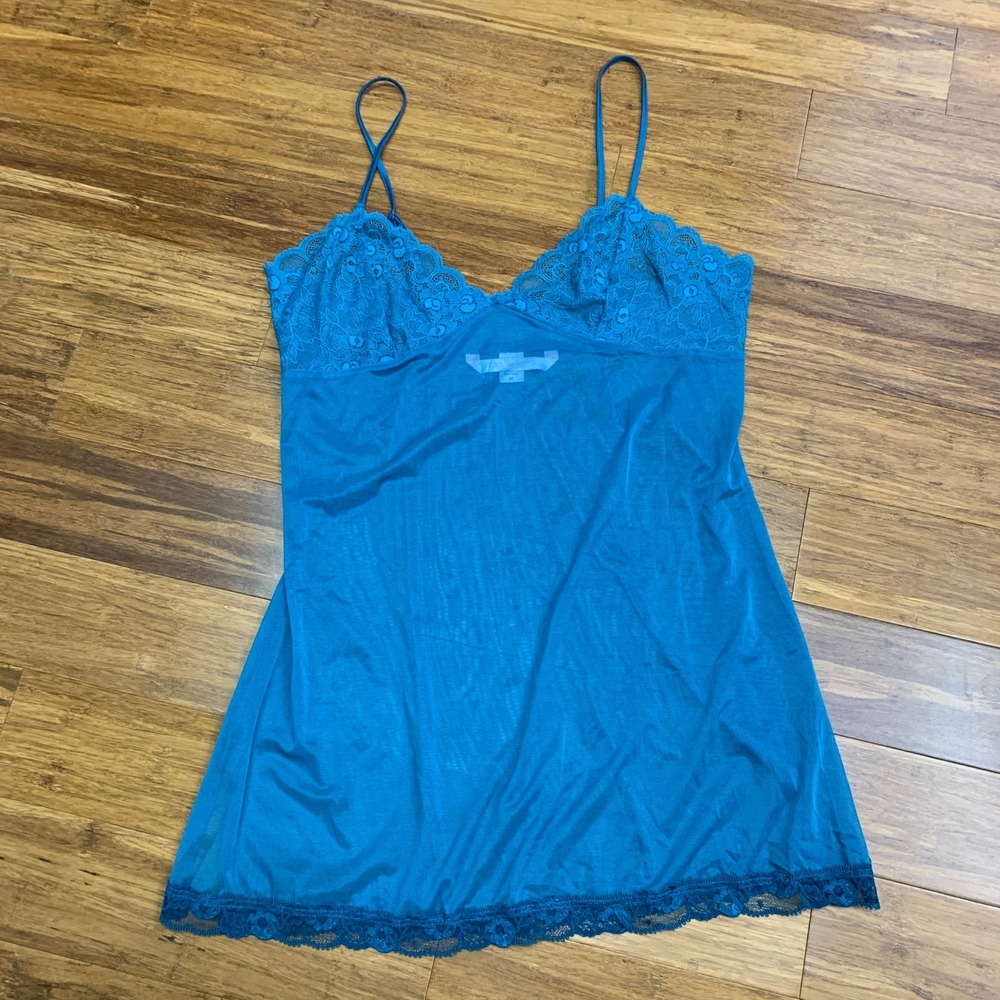 Y2K Victoria's Secret Teal Blue Lace Trim Chemise Size Medium Lingerie Sheer‎